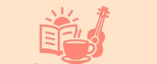 grafik af bog kaffekop og guitar