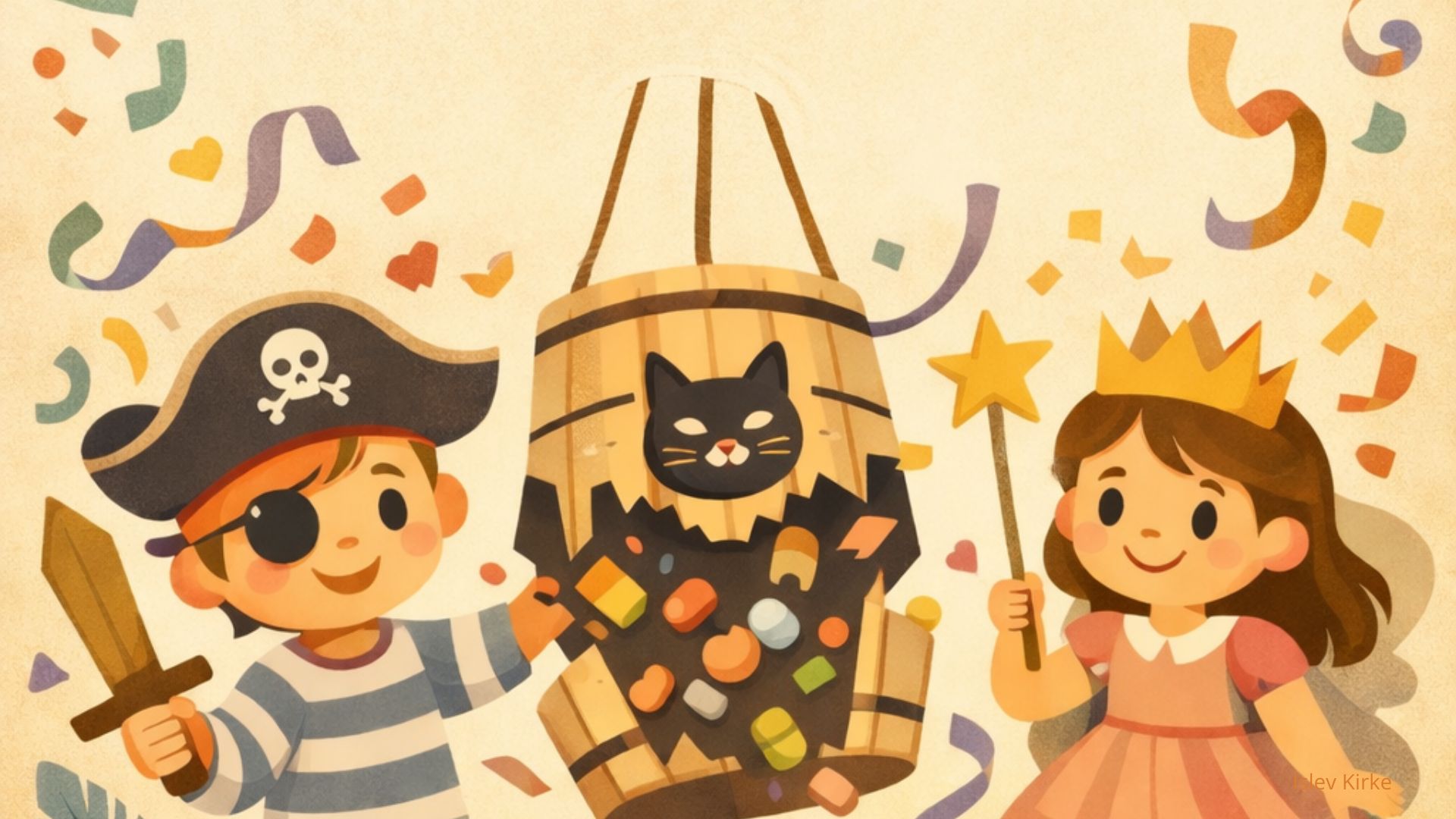 Grafik af udklædte børn med fastelavnstønde