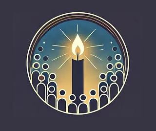 mørkeblå grafik med stearinlys og mennesker rundt om det